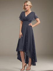 A-line V-Neck Asymmetrical Lace Chiffon Mother of the Bride Dress With Pleated