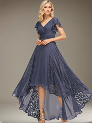 A-line V-Neck Asymmetrical Lace Chiffon Cocktail Dress With Pleated
