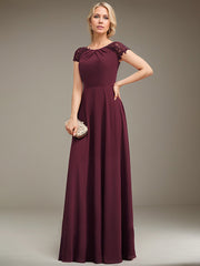 A-line Scoop Floor-Length Chiffon Mother of the Bride Dress With Pleated Appliques Lace