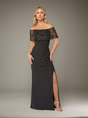 A-Line Sparkly Portrait Floor-Length Evening Dress