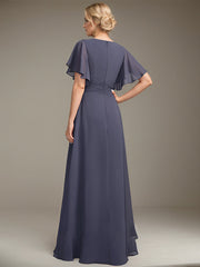 A-line Scoop Floor-Length Lace Chiffon Mother of the Bride Dress With Pleated