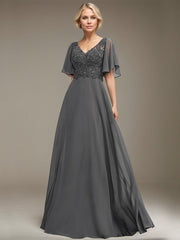 A-line V-Neck Floor-Length Chiffon Lace Mother of the Bride Dress With Sequins Beading