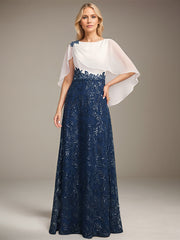 A-line Scoop Floor-Length Lace Sequin Chiffon Mother of the Bride Dress With Pleated