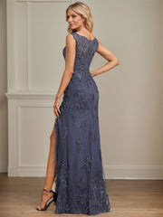 Sheath/Column Scoop Illusion Floor-Length Detachable Chiffon Lace Mother of the Bride Dress With Sequins Beading