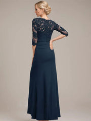 A-line Scoop Floor-Length Chiffon Lace Mother of the Bride Dress With Sequins Beading Pleated