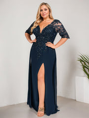 Sheath/Column V-Neck Floor-Length Lace Chiffon Mother of the Bride Dress With Sequins