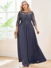 A-line Boat Neck Illusion Floor-Length Chiffon Lace Mother of the Bride Dress With Sequins Beading