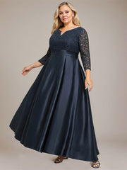 A-line V-Neck Ankle-Length Lace Satin Mother of the Bride Dress With Rhinestone