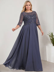 A-line Scoop Illusion Floor-Length Lace Chiffon Mother of the Bride Dress With Pleated Sequins