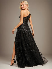 A-line One Shoulder Illusion Floor-Length Sequin Lace Evening Dress