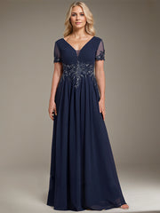 A-line V-Neck Floor-Length Chiffon Mother of the Bride Dress With Appliques Lace