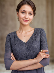 A-line V-Neck Tea-Length Chiffon Lace Mother of the Bride Dress With Beading