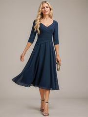 A-line V-Neck Tea-Length Chiffon Mother of the Bride Dress With Pleated