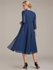 A-line V-Neck Knee-Length Chiffon Lace Mother of the Bride Dress With Pleated Beading Sequins