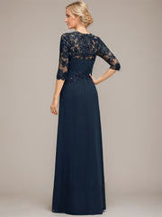 A-line Scoop Floor-Length Lace Chiffon Mother of the Bride Dress With Cascading Ruffles Sequins