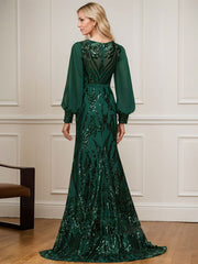 Trumpet/Mermaid Boat Neck Illusion Sweep Train Chiffon Sequin Evening Dress