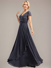 A-line V-Neck Floor-Length Chiffon Lace Mother of the Bride Dress With Beading Sequins Cascading Ruffles