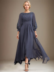 A-line Scoop Asymmetrical Chiffon Mother of the Bride Dress With Pleated Appliques Lace