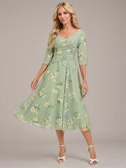 A-line V-Neck Tea-Length Chiffon Mother of the Bride Dress With Pleated