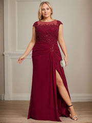 Sheath/Column Scoop Illusion Floor-Length Chiffon Lace Mother of the Bride Dress With Pleated Sequins Beading