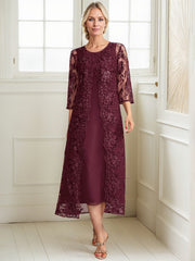 A-line Scoop Tea-Length Lace Chiffon Mother of the Bride Dress