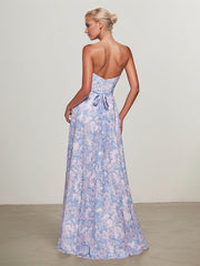 STRAPLESS A-LINE FLORAL CHIFFON DRESS