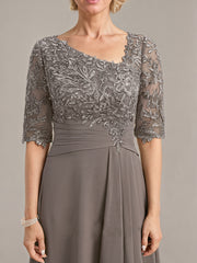 A-line Asymmetrical Asymmetrical Lace Chiffon Mother of the Bride Dress With Pleated Sequins
