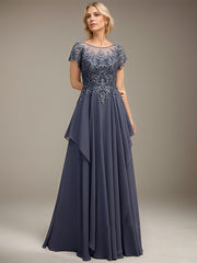 A-line Scoop Illusion Floor-Length Lace Chiffon Mother of the Bride Dress With Cascading Ruffles Sequins