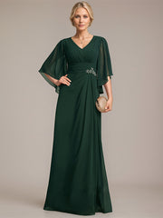Sheath/Column V-Neck Floor-Length Chiffon Mother of the Bride Dress With Pleated Sequins Beading