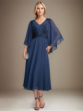 A-line V-Neck Tea-Length Chiffon Lace Mother of the Bride Dress With Sequins Beading