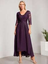 A-line V-Neck Asymmetrical Chiffon Lace Mother of the Bride Dress With Pleated Beading