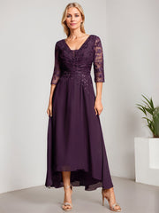 A-line V-Neck Asymmetrical Chiffon Lace Mother of the Bride Dress With Pleated Beading