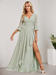 A-line V-Neck Floor-Length Chiffon Mother of the Bride Dress With Cascading Ruffles