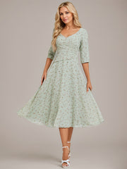 A-line V-Neck Tea-Length Chiffon Mother of the Bride Dress With Pleated
