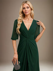 A-line V-Neck Floor-Length Chiffon Evening Dress With Pleated