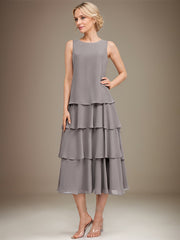 A-line Scoop Tea-Length Chiffon Mother of the Bride Dress With Cascading Ruffles