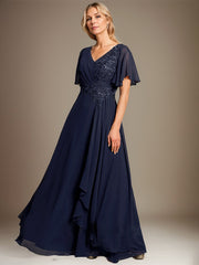A-line V-Neck Floor-Length Lace Chiffon Mother of the Bride Dress With Cascading Ruffles Sequins