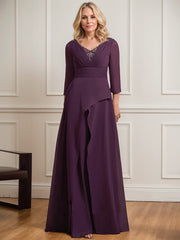 A-line V-Neck Floor-Length Chiffon Mother of the Bride Dress With Pleated Beading