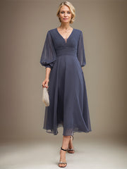 A-line V-Neck Tea-Length Chiffon Mother of the Bride Dress With Pleated