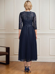 A-line Scoop Illusion Tea-Length Lace Chiffon Mother of the Bride Dress With Sequins Pleated
