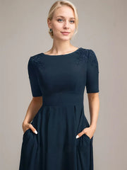 A-line Scoop Tea-Length Chiffon Mother of the Bride Dress With Appliques Lace Sequins