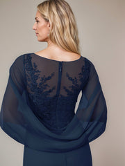 A-Line Floor-Length Boat-Neck Lace Capelet Chiffon Mother of the Bride Dress