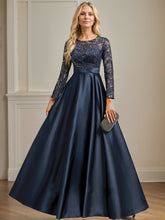 A-line Scoop Illusion Floor-Length Satin Sequin Lace Evening Dress With Pleated