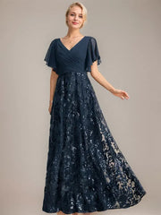 A-line V-Neck Floor-Length Lace Sequin Chiffon Mother of the Bride Dress With Pleated