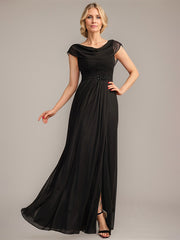 A-line Scoop Floor-Length Mesh Mother of the Bride Dress With Pleated Beading