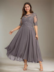 A-line Illusion Boat Neck Asymmetrical Chiffon Lace Mother of the Bride Dress With Sequins Beading