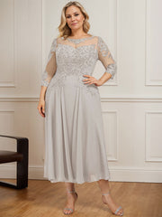 A-line Scoop Illusion Tea-Length Chiffon Lace Mother of the Bride Dress With Sequins Beading