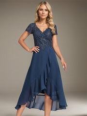 A-line V-Neck Asymmetrical Lace Chiffon Mother of the Bride Dress