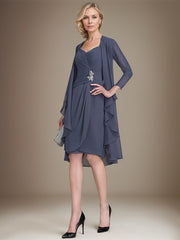 Sheath/Column Sweetheart Knee-Length Chiffon Mother of the Bride Dress With Beading Appliques Lace Sequins Pleated