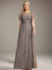 A-line Illusion Scoop Floor-Length Lace Mother of the Bride Dress With Sequins